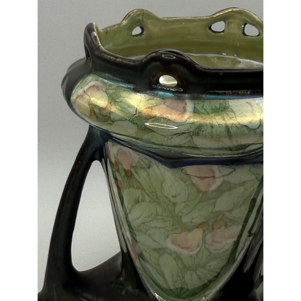 Antique Bohemian Art Nouveau Iridescent Tripod Ceramic Vase Dressler? 1890-1910 - Picture 11 of 15